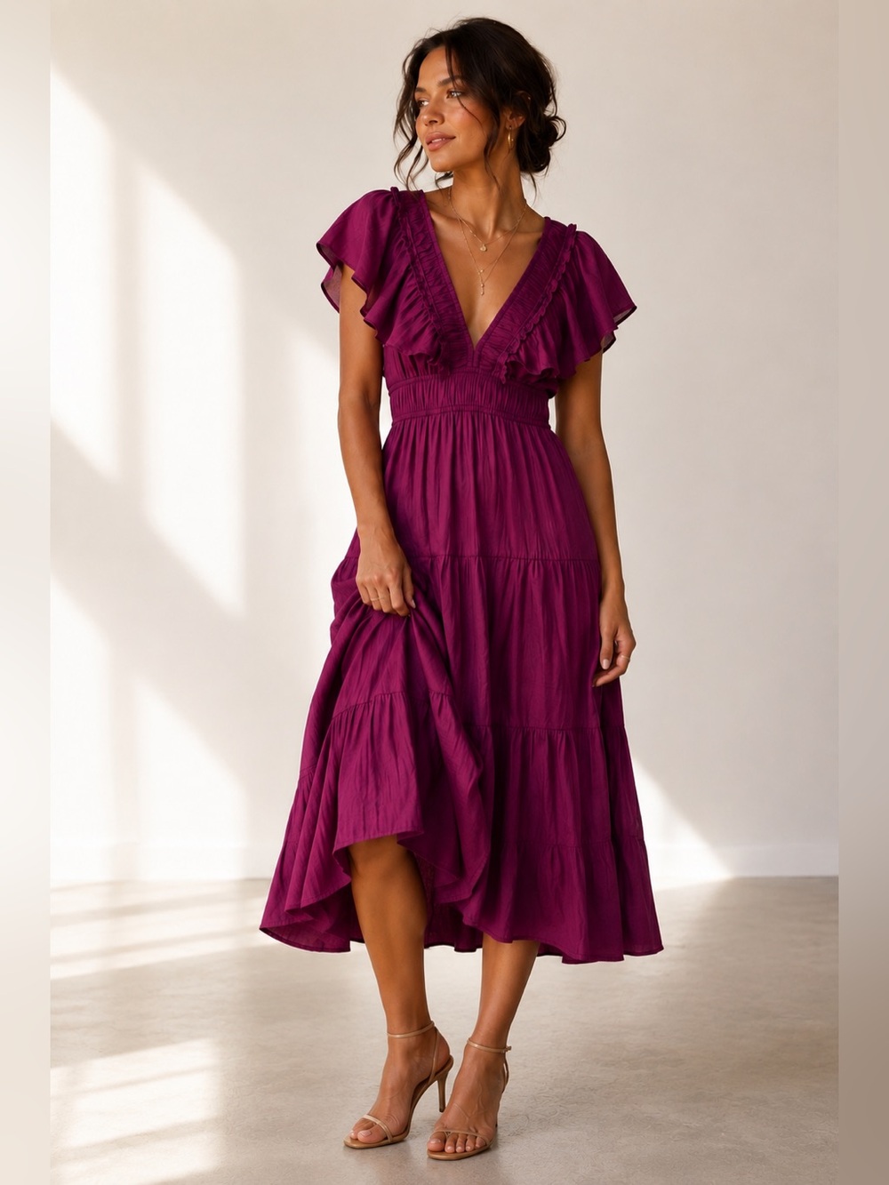 Anthropologie | Ruffled Tiered Midi Dress in Raspberry - Size Small Petite
